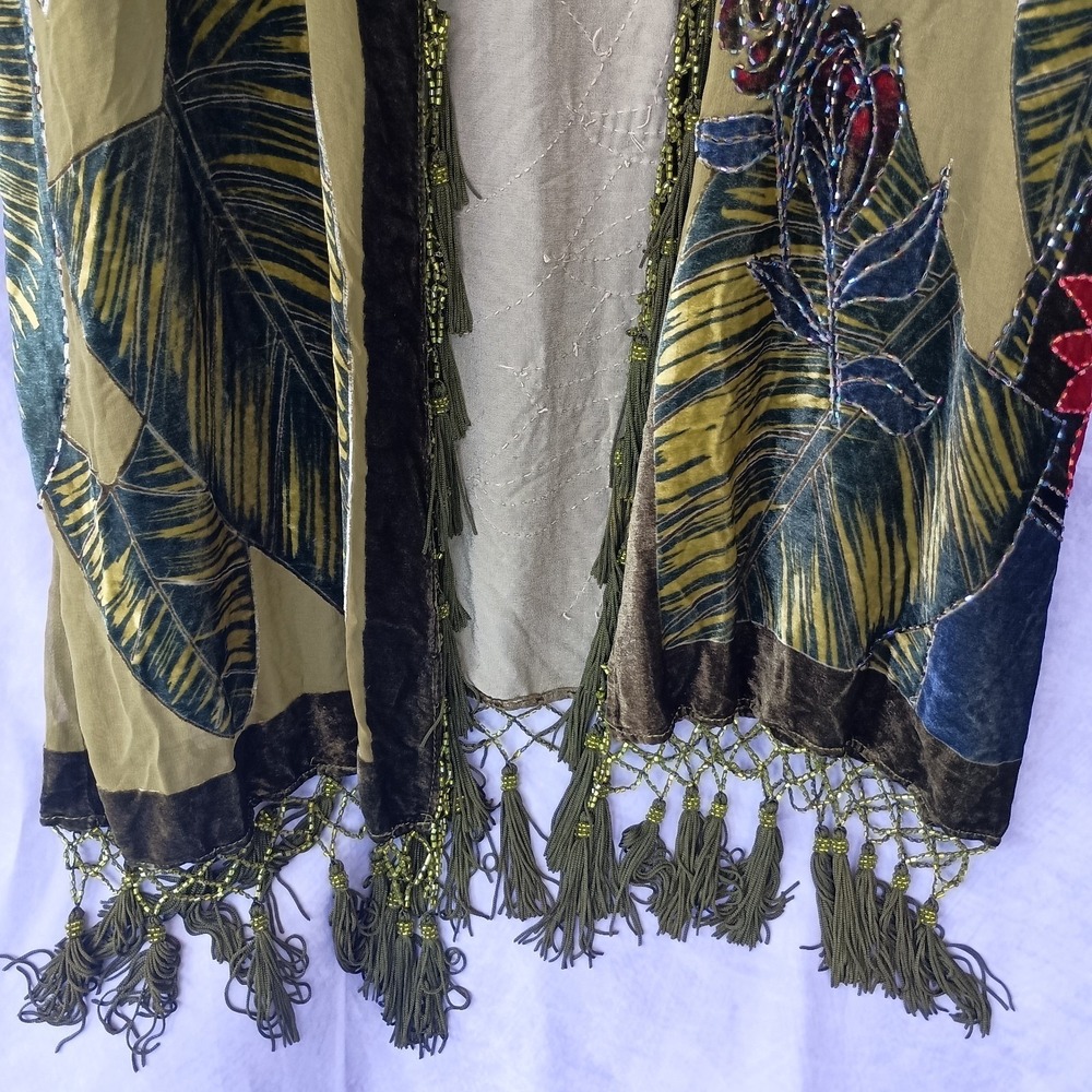 Chico's Vintage Olive Silk Velvet Burnout Tassel Beaded Kimono - Picture 3 of 11